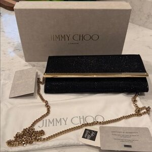 Jimmy Choo ‘Milla’ Glitter Black Clutch with Gold Chain